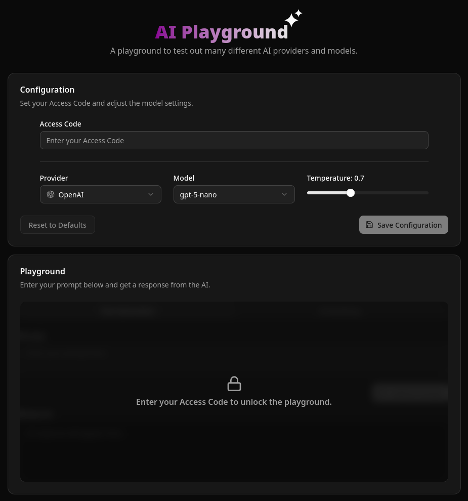 AI Playground UI screenshot showing Provider, Model, and Temperature settings